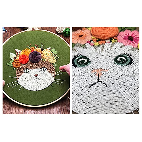 Mozzyyee Embroidery Starter kit, DIY Adult Beginner Embroidery Kits, Including Cloth with Cat Patterns, Colored Threads, Needles, Hoops and Instructions (Green) - color: Green