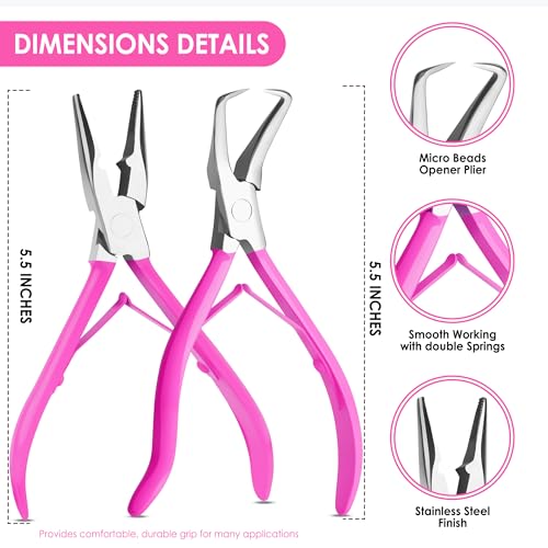 Beauty & Crafts Hair Extension Tools- Stainless Steel Pliers Set for Micro Beads- 1 Crochet Needle 1 Pulling Hook with Tail Comb- Micro Links Tool Kit with Leather Pouch- (Pink) - color: Pink