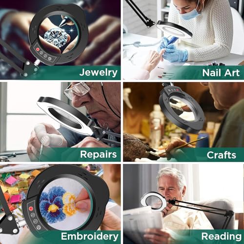 Hands Free 10X Magnifying Glass with Light and Clamp,5 Color Modes,Lighted Magnifying Desk Lamp with10 Brightness Levels, LED Magnifier with 360° Arm for Reading, Crafts, Soldering, Close Work - color: Black