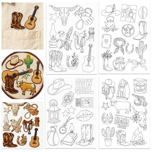 ORIGACH 4 Sheets Water Soluble Embroidery Patterns Stabilizers - Pre-Printed Western Cowboy Cowgirl Designs - Stick & Stitch Embroidery Paper for Hand Sewing Lovers - color: Western Cowboy Cowgirl