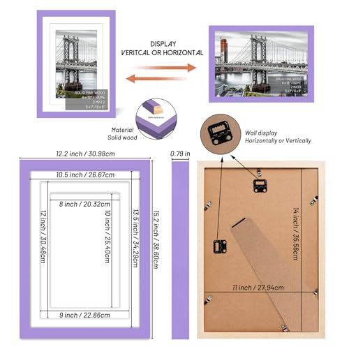 11x14 Solid Wood Picture Frames with 2 Mats for Wall Mounting or Table Top (Purple) - color: Purple, size: 11x14 inch