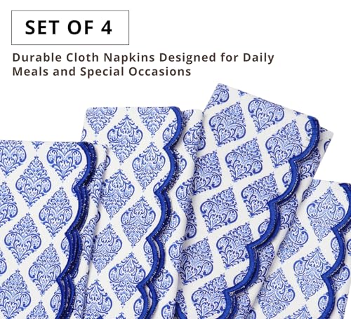 PurpleEssences Scalloped Cloth Napkins 18x18 in - Floral Paisley Edges Blue - color: Floral Paisley Edges - Blue