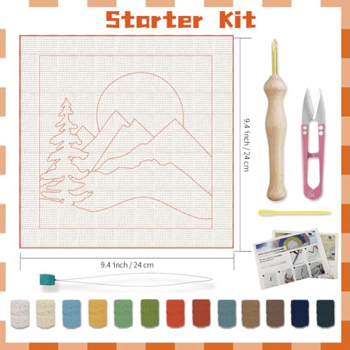 BEUNITONE 2 Sets Camping Punch Needle Kit for Beginners Scenery Theme Punch Embroidery Kits with Frame Instructions Embroidery Starter Kits with Art Night Pattern for Wall Painting 9.4'' x 9.4'' - color: 01-Mountain Scenery