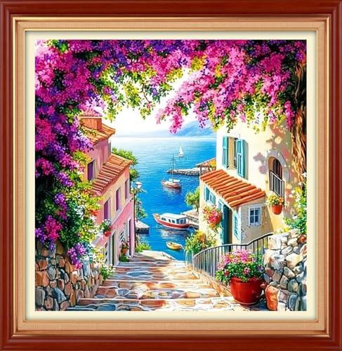 Foxhool Stamped Cross Stitch Kits,11CT Printed Cross Stitch Pattern Full Embroidery Kits for Beginner Needlepoint Kits&Seaside Floral Scenery 18x18 inch - color: ColorSet06