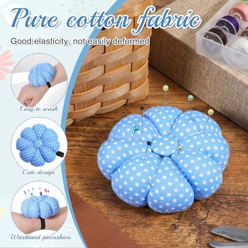Wrist Pin Cushion for Sewing with 2 Gold Thimbles, Cute Pumpkin Needle Pincushion with Elastic Strap for Quilting, Embroidery, Needlework, DIY Crafts (Blue)