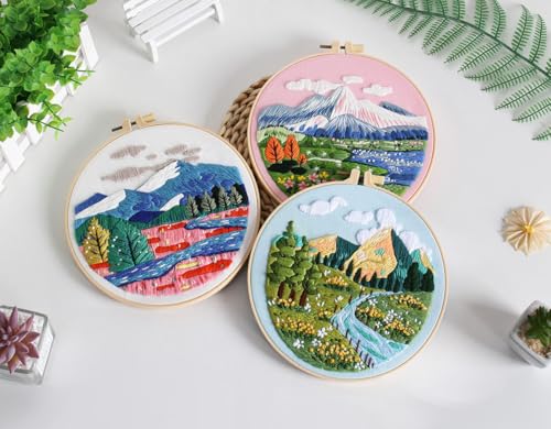Konrisa 3 Pcs Landscape Embroidery Kits, Mountain Flower Village Pattern Cross Stitch Kit, DIY Sewing Practice Kits for Adults Home Decoration,Include Embroidery Cloth Threads and Needles,1pc Hoops - color: village