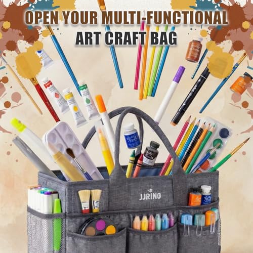 JJRING Large Art Supply Storage Tote Bag With Mesh Pockets, Green - color: Gray