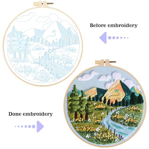 spicssa 2PCS Embroidery Kit for Beginners, Hand Needlepoint Kits for Adults with Pre-Stamped Patterns, 7.8-Inch Hoop, Threads & Needles, Step by Step Instructions - color: Scenery