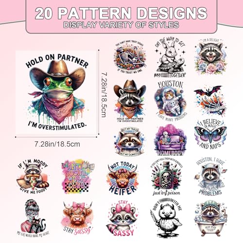 Dtf Transfers Ready to Press - 20 Pcs Funny Animal Iron on Patches for T-Shirts, Sarcastic Raccoon Skeleton Cat Cow Heat Transfer Designs Vinyl Stickers, Iron on Decals for DIY Clothes Bags - color: Humorous Animal