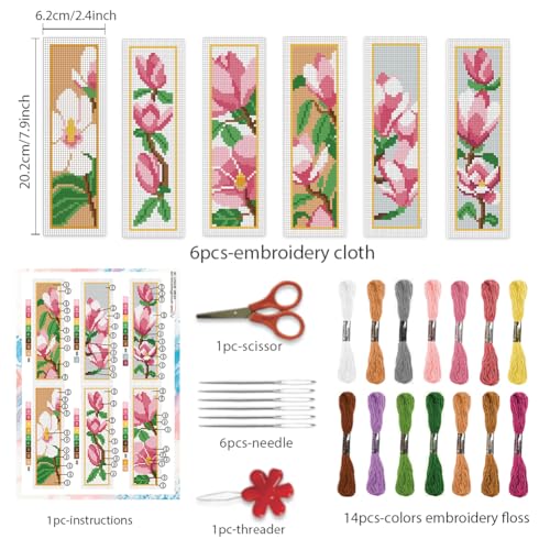 BEUNITONE 6 Pcs Flower Cross Stitch Bookmark Kits for Beginners Magnolia DIY Stamped Cross Stitch Kit Vintage Floral Embroidery Kit with Instruction for Craft Book Lover Reader Writer 8''x2.4'' - style: Magnolia