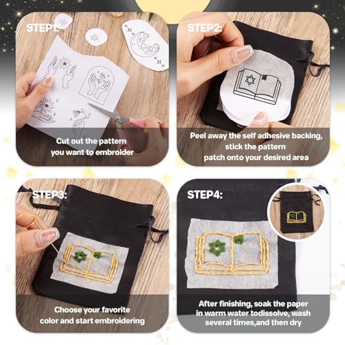 Magibeads 52 Patterns Water Soluble Embroidery Patterns Sun Crescent Moon Witchy Hand Patterns Stick and Stitch Transfer Embroidery Paper for Adult Beginners Hand Sewing Starter Kit - color: Witchy