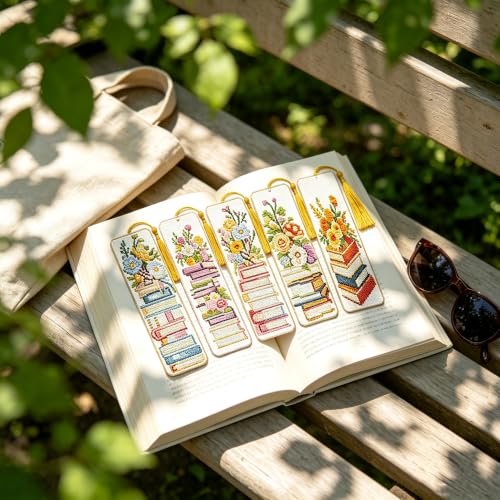 5PC Book Flowers Counted Cross Stitch Bookmark Kit for Adults Beginners - color: SQJ010-01