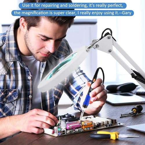 LANCOSC 10X Magnifying Glass with Light and Stand, Optical-Grade Glass Lens, 3 Color Modes Stepless Dimmable, Adjustable Swivel Arm, LED Magnifier Desk Lamp for Close Work Repair Crafts Reading, White