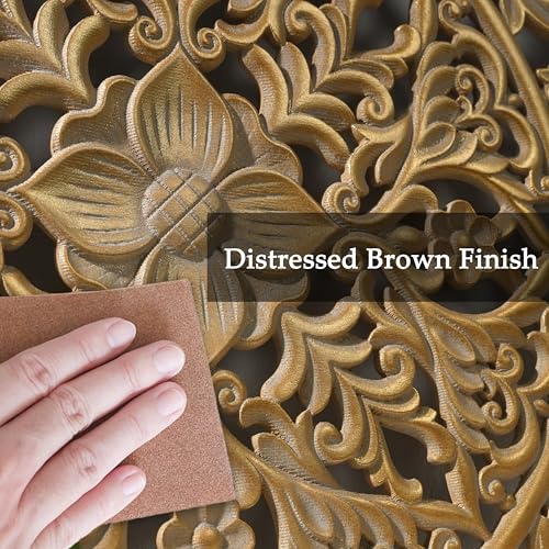 XIAOAIKA Boho Carved Wood Wall Art Panel, Floral Mandala, Distressed Gold - color: Distressed Gold