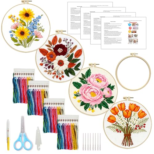 Zhenqing 4-Piece Floral Cross Stitch Kit for Beginners - Complete Set with Pre-Printed 11CT 24x24cm Fabric, Hoop, Threads & Tools (Sunflower, Peony, Tulip Designs)(70362) - color: 70362