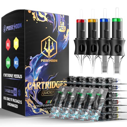 POSEIDON 50PCS Tattoo Cartridge Needles Assorted Mixed Size #12 Round Liner Shader Magnum - 5RL 7RL 9RL 5RS 7RS 9RS 7M1 15M1 7RM 15RM with Membrane Professional Disposable Tattoo Needles - size: 50PCS-#12MIX