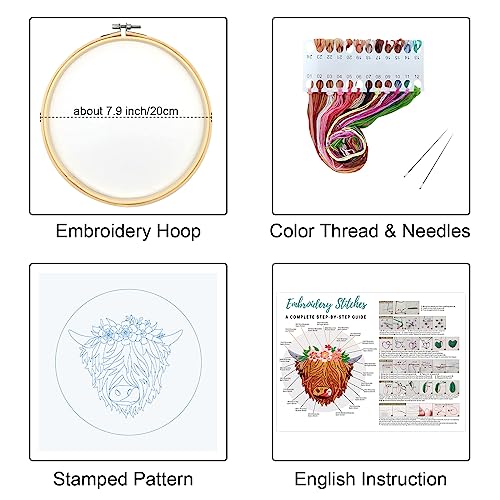Louise Maelys Highland Cow Stamped Embroidery Kit Floral DIY Craft - color: kit-17