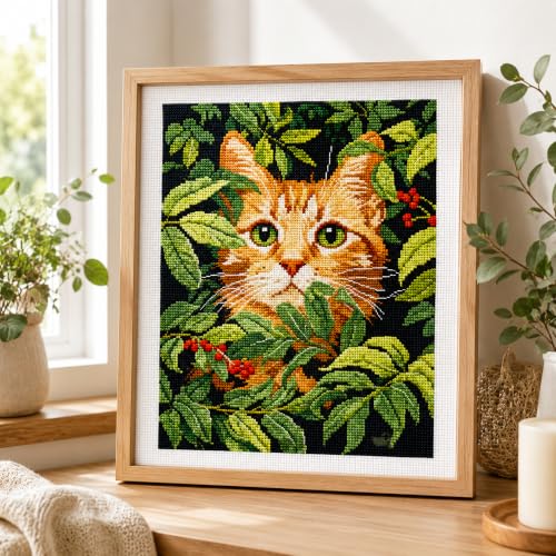 Zhenqing Orange Cat Stamped Cross Stitch Kit for Beginners, 11CT Printed Full Coverage Ginger Kitten in Green Leaves Pattern, 28 x 38 cm DIY Animal Embroidery Needlework Set, No Hoop Needed - color: Hidden Garden Cat