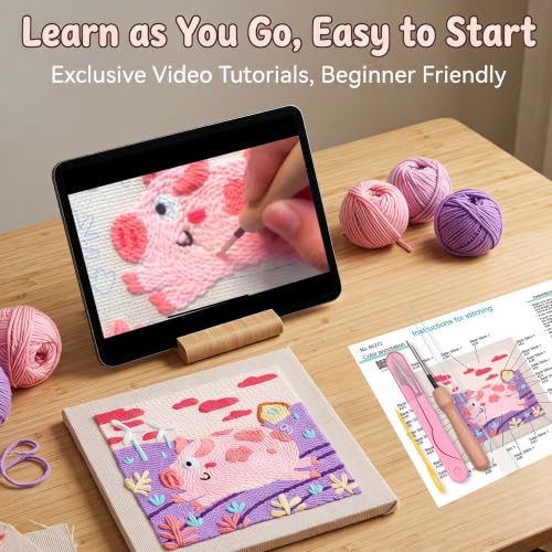 Embroidery Punch Needle kit Frame, Embroidery Starter Kits for Beginner,Punch Needle Fabric with Pattern,Threader, Yarns,Embroidery Hoops & Rug Punch (Purple) - color: purple