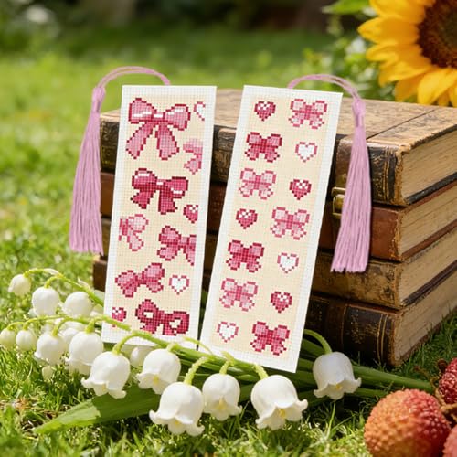 ACRNIGHEET 6PCS Cross Stitch Bookmark Kit for Beginner Cute Pink Bow Stamped Cross Stitch Kits Needlepoint Kit for Adults DIY Tassel Embroidery Bookmark Kits with Instructions Craft Gift 8.5"x3" 11CT - style: Pink Bow Patterns