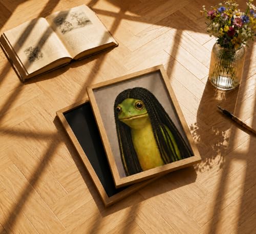 Whimsical Frog Wall Art Funny Braids Frog Framed Picture for Bathroom Decor - color: Frog Braids, size: 16"L x 12"W