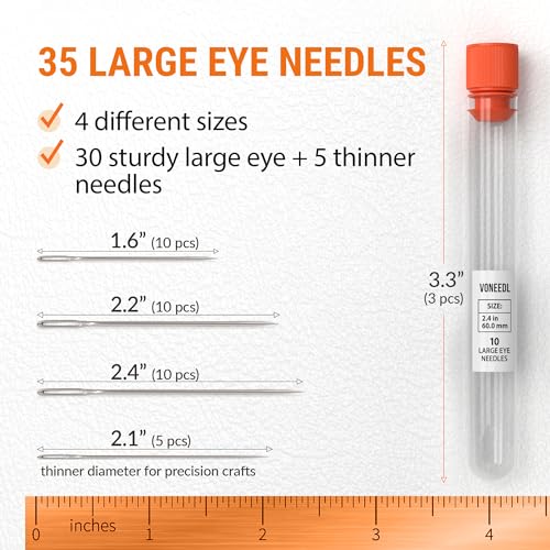 VONEEDL 35 PCS Large Eye Sharp Hand Sewing Needles 4 Assorted Sizes - Easy Threading Embroidery Needles - Perfect for Quilting, Crafting, Darning, Weave, Crochet, and DIY