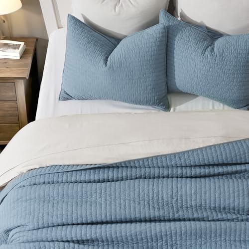 EVERGRACE x Kinsey Walsh 100% Cotton Cross Stitch Quilt, King, Dusty Blue - color: Dusty Blue, size: King/Cal King (108" X 96")