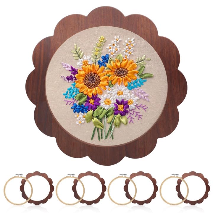 4 Sets Wood Embroidery Hoop Frame 8 Inch Sunflower Embroidery Display Frame Large Round Wooden Embroidery Frame for Finished Cross Stitch Hoop Frame DIY Decor Sewing Ornaments - style: Retro Brown