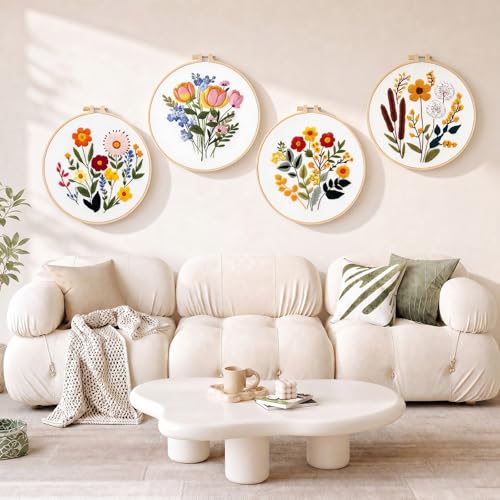 FooGuila Embroidery Kits for Adults, 5-pcs Ebroidery Kit Flowers, Stamped Cross Stitch Kits Floral Embroidery Patterns, Cross Stitch Kits for Adult,Ideal Screen-Free Crafts Gift for Women