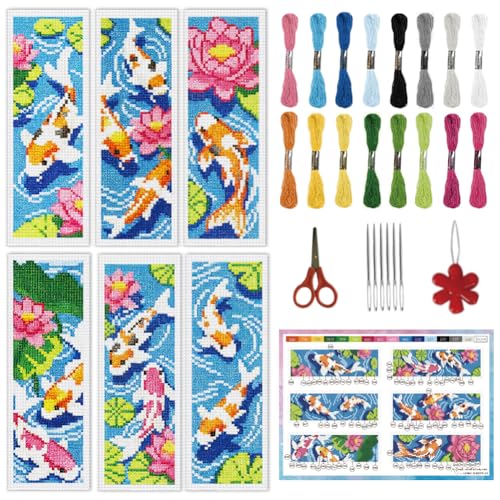 INFUNLY 6 Set Koi Fish DIY Cross Stitch Bookmark Kits for Adults Lotus Pond Counted Cross Stitch Kit with Instructions Koi Fishes Stamped Embroidery Bookmark Kit for Book Lovers Readers Gift - style: Koi Fish