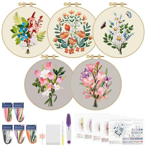 ERKOON 5 Sets Embroidery Kit for Beginners Adult Bouquet Cross Stitch - color: Bouquet