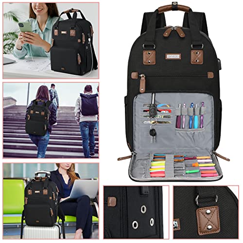 SINVICKO Crochet Bag, Knitting Bag Backpack and Totes Organizer with USB Charging Port, Large Yarn Storage Tote Bag - color: Black