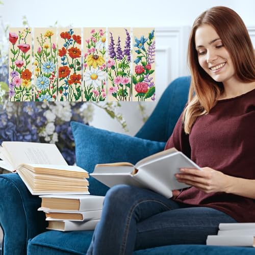 INFUNLY 6 PCS Wildflower Cross Stitch Bookmarks Kits Floral Counted Cross Stitch Bookmark Set with Embroidery Thread Needles, DIY Embroidery Bookmark Crafts Supplies for Adults Reading Book Lover Gift - style: Wildflower