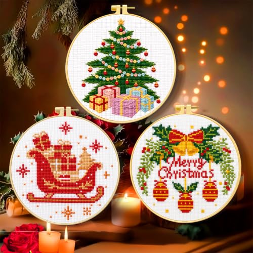 Zhenqing Stamped Cross Stitch Kits for Adults Beginners, Christmas Cross Stitch Kit, 3 Pack Holiday Needlepoint Craft Set with Printed Pattern Fabric, Christmas Tree, Sleigh and Wreath Designs - style: Christmas