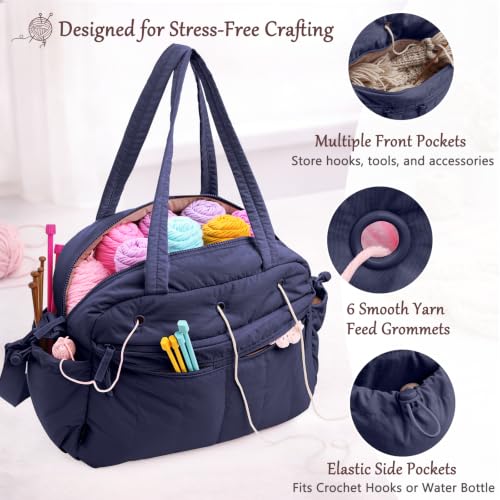 MYBAGZING Large Crochet Bag Organizer w/Crochet Hook Case & Yarn Grommets - color: Navy