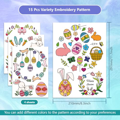 GLOBLELAND 4 Sheets Easter Bunny Colorful Water Soluble Hand Sewing Stabilizers Egg Garland Wash Away Embroidery Stabilizer Embroidery Stitch Practice for Embroidery Beginners Lovers
