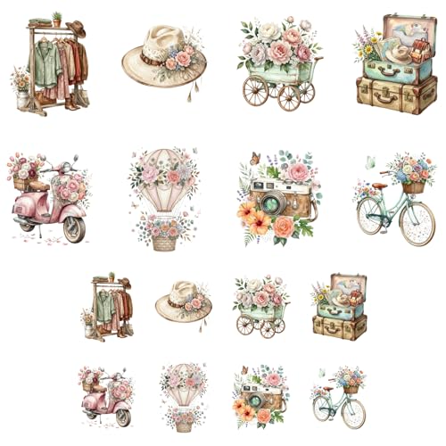 ANATTASOUL Vintage Floral & Suitcase 16PCS Heat Transfers Ready to Press - style: Vintage Floral and Suitcase