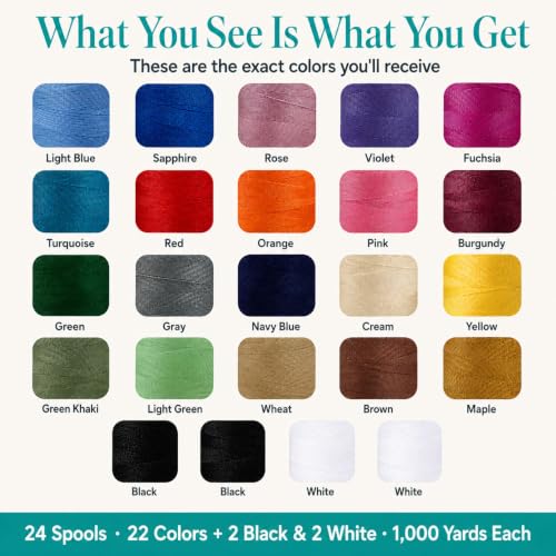 BlesSew Sewing Machine Thread – 24 Spools, 1000 Yards Each – All Purpose Polyester Thread Set, 22 Colors + Black & White – Thread for Sewing Machine, Ideal for Beginners, Quilting & Repairs - color: Multicolored