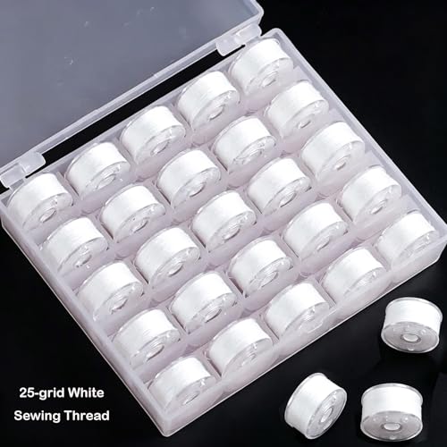 25pcs White Sewing Thread with Storage Box and Spool Prewound Bobbins Polyester Thread for Hand Machine Sewing Embroidery - color: white