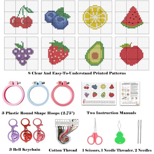 VIGEGU 8 Pack Fruit Stamped Cross Stitch Kits for Kids Beginners with Frame - color: Fruit