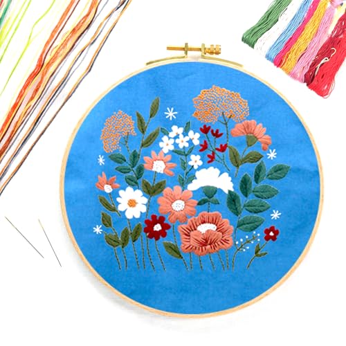 CREAWONDER Canvas Tote Bag Embroidery Kit with Pattern for Beginners, Arts and DIY Embroidery Crafts Kits for Adults, Include Instructions, Thimble, Embroidery Hoops, Color Threads and Tool - color: CR002 huaguangpianran darkblue