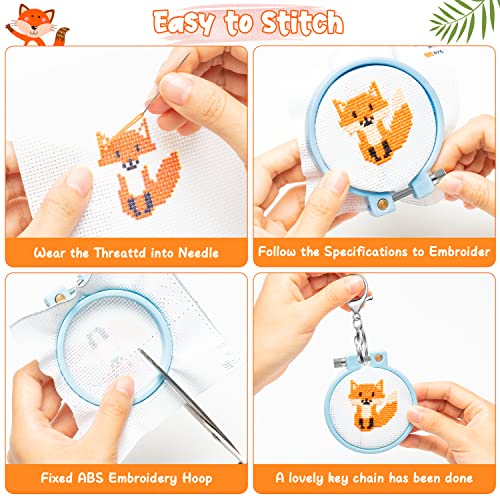 WATINC 5Pcs Embroidery Kit for Kids Stamped Cross Stitch DIY Key Chain with Woodland Animal Patterns Needlepoint Starter Kits Craft Supplies for Beginners Adults Schoolbag