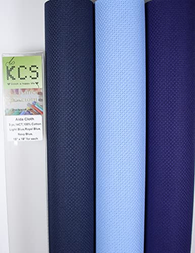 KCS 3 pc of 15" x 18" Counted Cross Stitch Cotton Aida Cloth Needlework Rolled Fabric Box,14CT,Light Blue+Royal Blue+Navy Blue - color: Light Blue+royal Blue+navy Blue, size: 14CT