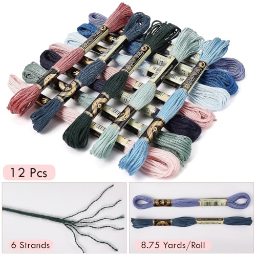 12 Skeins 105 Yards 6 Ply Embroidery Thread Floss Variegated Thread Dark Blue Green Cross Stitch Friendship Bracelet String for Jewelry Making Bracelet Knitting Stitching DIY Craft Supplies - color: Multicolor