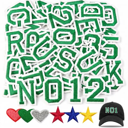 Jongdari Iron On Letters and Numbers Patches for Clothing, 2" Embroidery Alphabet Letterman Jacket Patche A-Z & 0-9 Applique for Backpack & Fabric (Green 78pcs) - color: Green, size: 52 Letters + 20 Numbers + 6 Patches