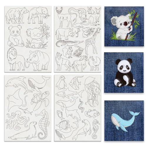 BENECREAT 4 Sheets 42Pcs Zoo Animals Water Soluble Embroidery Patterns, Land and Ocean Animals Hand Sewing Stabilizers Stick and Stitch Embroidery Paper for Shirts, Coats, Bags, Towels - style: Zoo Animals
