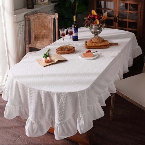 ARTMAGIC French Ruffled Cotton Tablecloth with Lace Decorative - size: 70" x 52" (Oval)