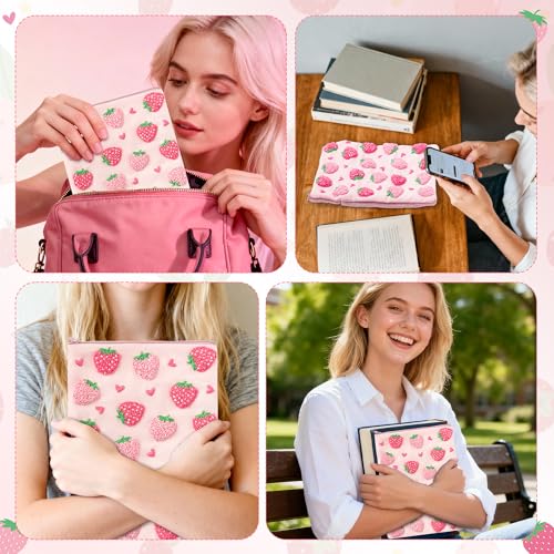 Fiupan All-in-One Strawberry Embroidery Kit - DIY Craft Kit with Thread, Fabric & Needles, Pink Embroidery Pouch for Tablet E-Reader Sleeve, Creative Birthday Gifts for Beginners（6-6.8 Inch） - size: 6-6.8 Inch