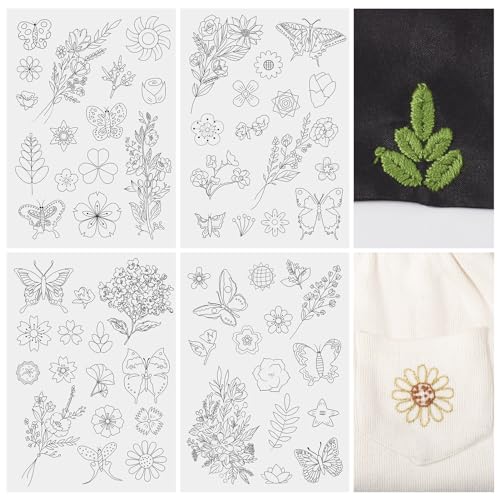 Magibeads 60Pcs Flower Butterfly Water Soluble Stabilizer for Embroidery Floral Patterns Adhesive Stick and Stitch Embroidery Transfer Paper for Hand Sewing Beginners - color: Flower & Butterfly