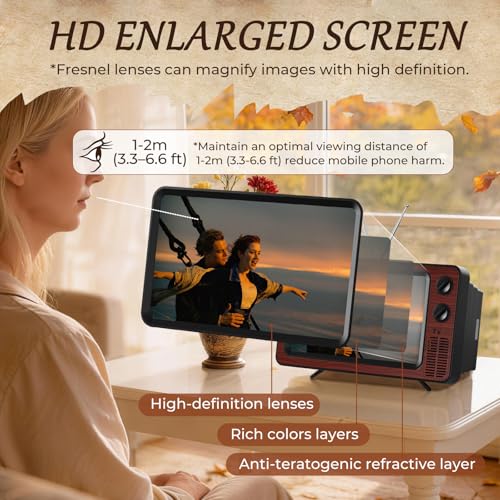 SEANCHEER Retro TV Cell Phone Screen Magnifier HD 3D Portable Foldable - color: Chestnut Brown-12"